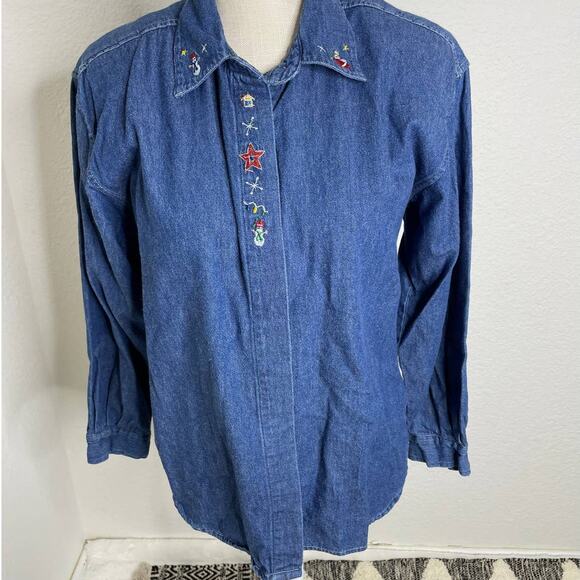 Vintage Christmas Holiday Angel and Snowman Denim Jean Shirt Size medium p - Picture 1 of 4